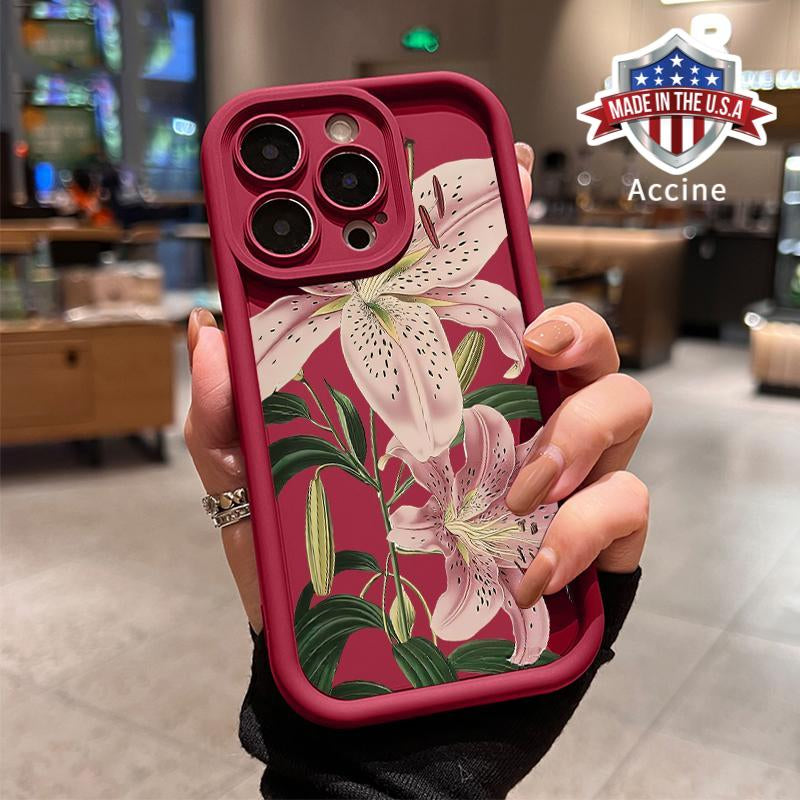 Vintage Floral Lily Pattern TPU Phone Case for Iphone 16 15 14 Pro Max 13 12 11 XR XS plus Shockproof Drop Protection Rugged Durable Silicone Cover Cellphone Protective