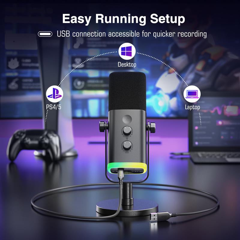 Fifine AM8 XLR/USB Gaming Microphone for Podcast Recording, Dynamic RGB Microphone with Quick Mute, Headphone Jack, Gain Knob, Volume Control, Desktop Computer Mic for PC Gamer, XLR Mic for Audio Interface Mixer