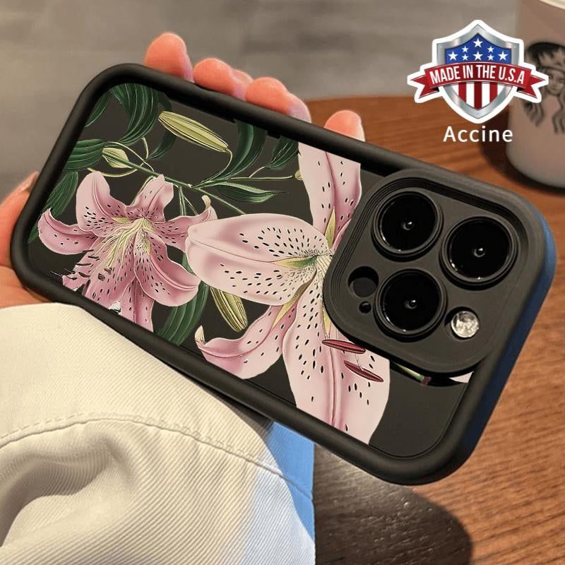 Vintage Floral Lily Pattern TPU Phone Case for Iphone 16 15 14 Pro Max 13 12 11 XR XS plus Shockproof Drop Protection Rugged Durable Silicone Cover Cellphone Protective