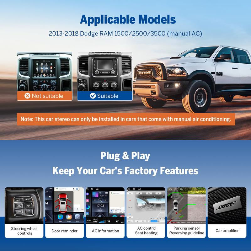 EONON Car Stereo for Dodge RAM 1500 2500 3500 (2013-2018) Manual AC, Wireless Apple Carplay & Android Auto Car Radio Touch Screen, 9" Android 13 Car Head Unit, Steering Wheel Controls, GPS Navigation, BT, Wi-Fi, Sub, Backup Camera, Plug & Play - DGRMX6