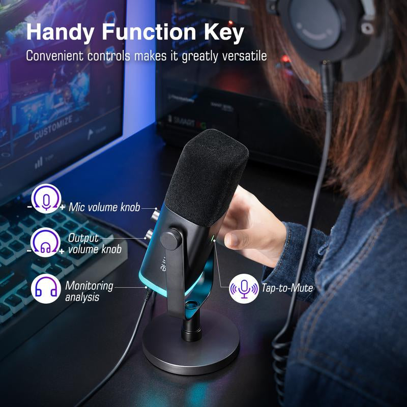 Fifine AM8 XLR/USB Gaming Microphone for Podcast Recording, Dynamic RGB Microphone with Quick Mute, Headphone Jack, Gain Knob, Volume Control, Desktop Computer Mic for PC Gamer, XLR Mic for Audio Interface Mixer