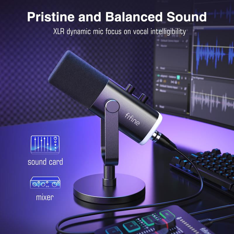 Fifine AM8 XLR/USB Gaming Microphone for Podcast Recording, Dynamic RGB Microphone with Quick Mute, Headphone Jack, Gain Knob, Volume Control, Desktop Computer Mic for PC Gamer, XLR Mic for Audio Interface Mixer