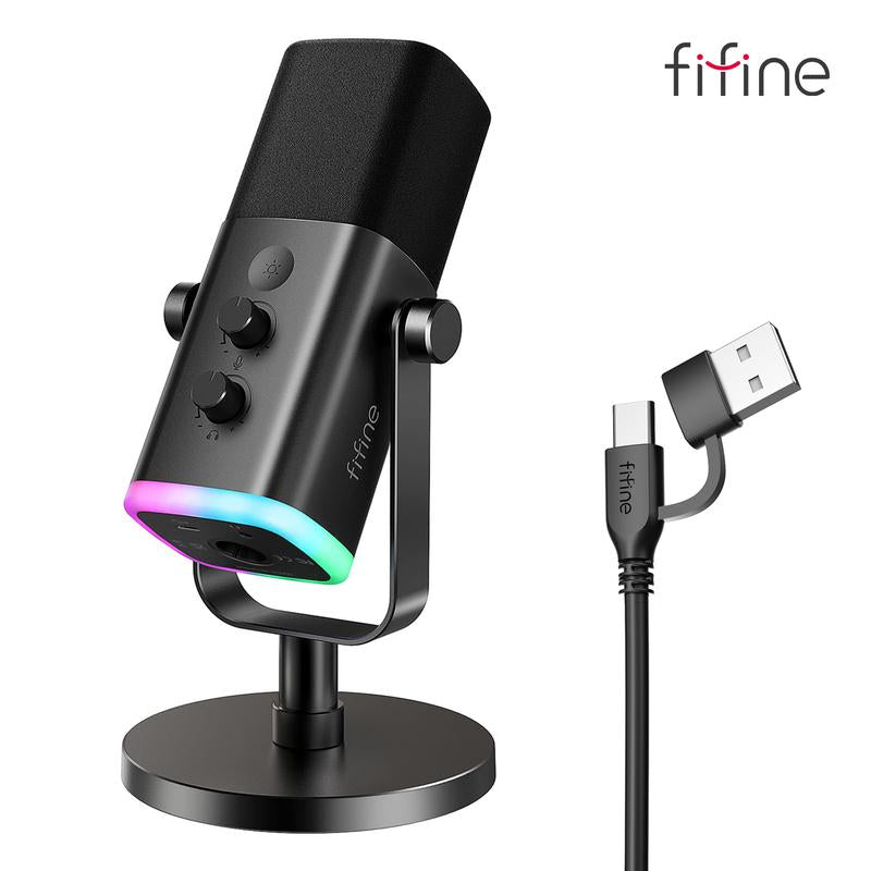 Fifine AM8 XLR/USB Gaming Microphone for Podcast Recording, Dynamic RGB Microphone with Quick Mute, Headphone Jack, Gain Knob, Volume Control, Desktop Computer Mic for PC Gamer, XLR Mic for Audio Interface Mixer