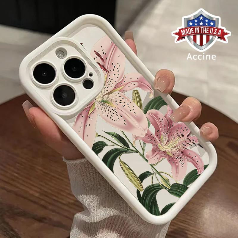 Vintage Floral Lily Pattern TPU Phone Case for Iphone 16 15 14 Pro Max 13 12 11 XR XS plus Shockproof Drop Protection Rugged Durable Silicone Cover Cellphone Protective