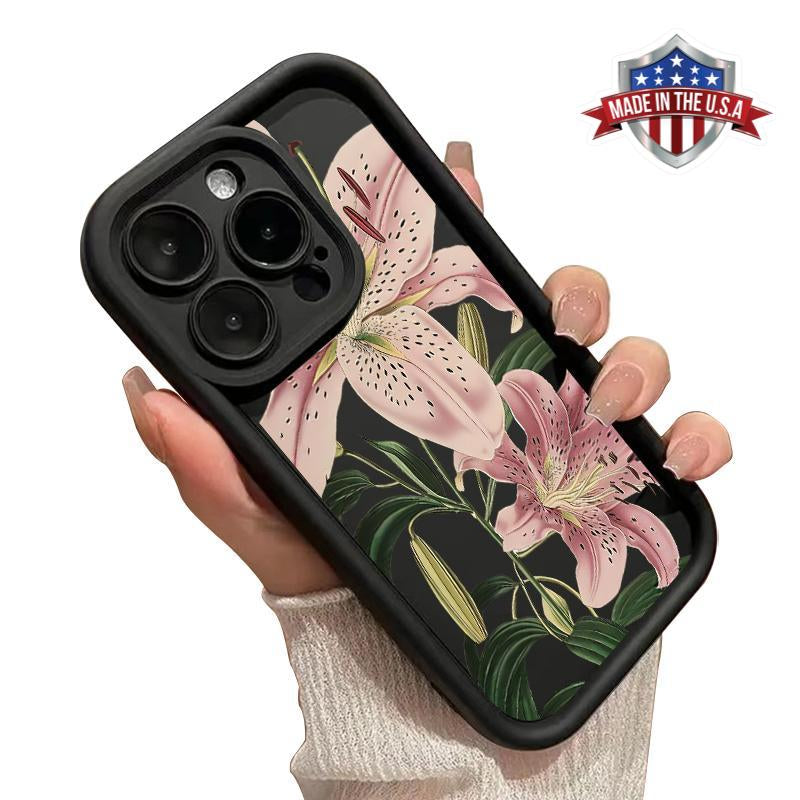 Vintage Floral Lily Pattern TPU Phone Case for Iphone 16 15 14 Pro Max 13 12 11 XR XS plus Shockproof Drop Protection Rugged Durable Silicone Cover Cellphone Protective