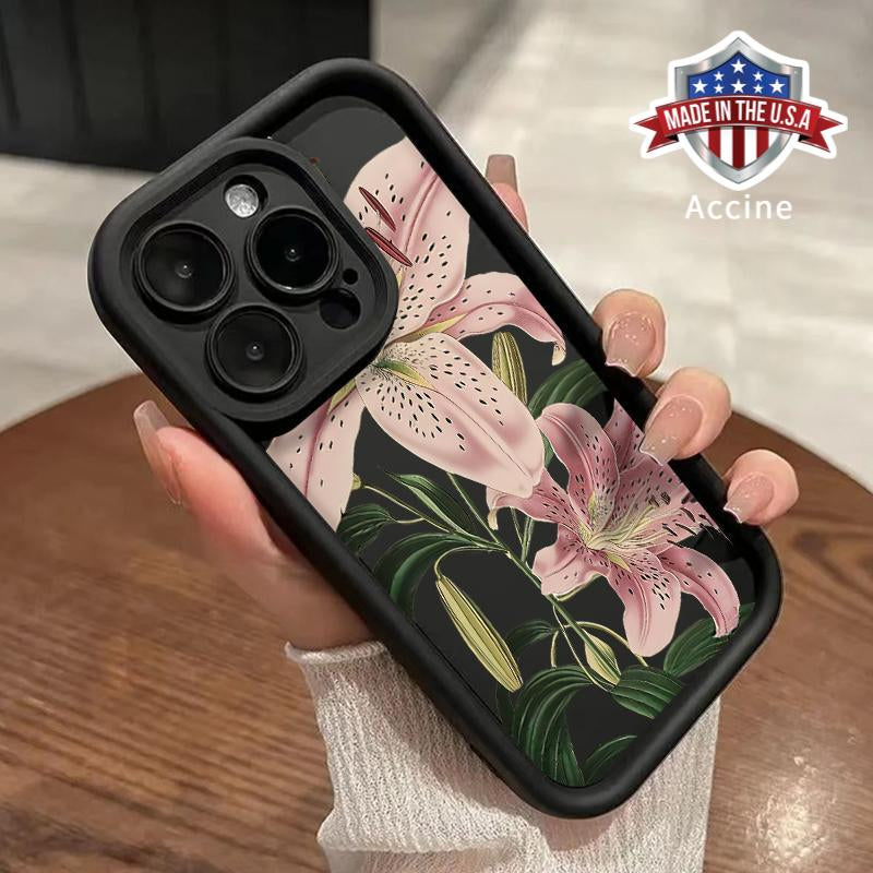 Vintage Floral Lily Pattern TPU Phone Case for Iphone 16 15 14 Pro Max 13 12 11 XR XS plus Shockproof Drop Protection Rugged Durable Silicone Cover Cellphone Protective